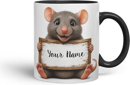 Vixar Personalised Rat Mug with Name or Custom Message – Cute Animal Coloured Ceramic Mug Cup Gift, 11oz (Black)
