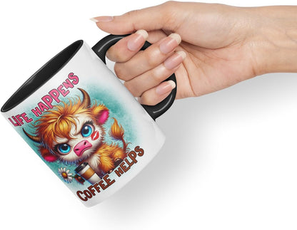 Vixar Life Happens Coffee Helps Highland Cow Coloured Ceramic Mug Cup Gift for Coffee Lovers 11oz (Black)