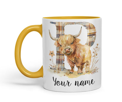 Vixar Personalised Highland Cow Initial Letter P Custom Name Mug – Coloured Ceramic Mug Cup Gift, 11oz