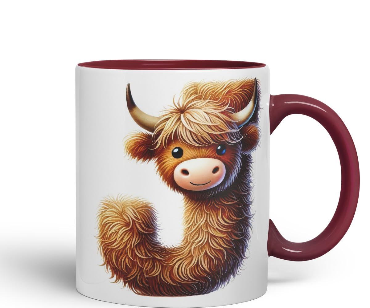 Highland Cow Alphabet Monogram Coloured Ceramic Cup Mug Letter J Rustic Farmhouse Animal Letter Gift V2 11oz (Black)