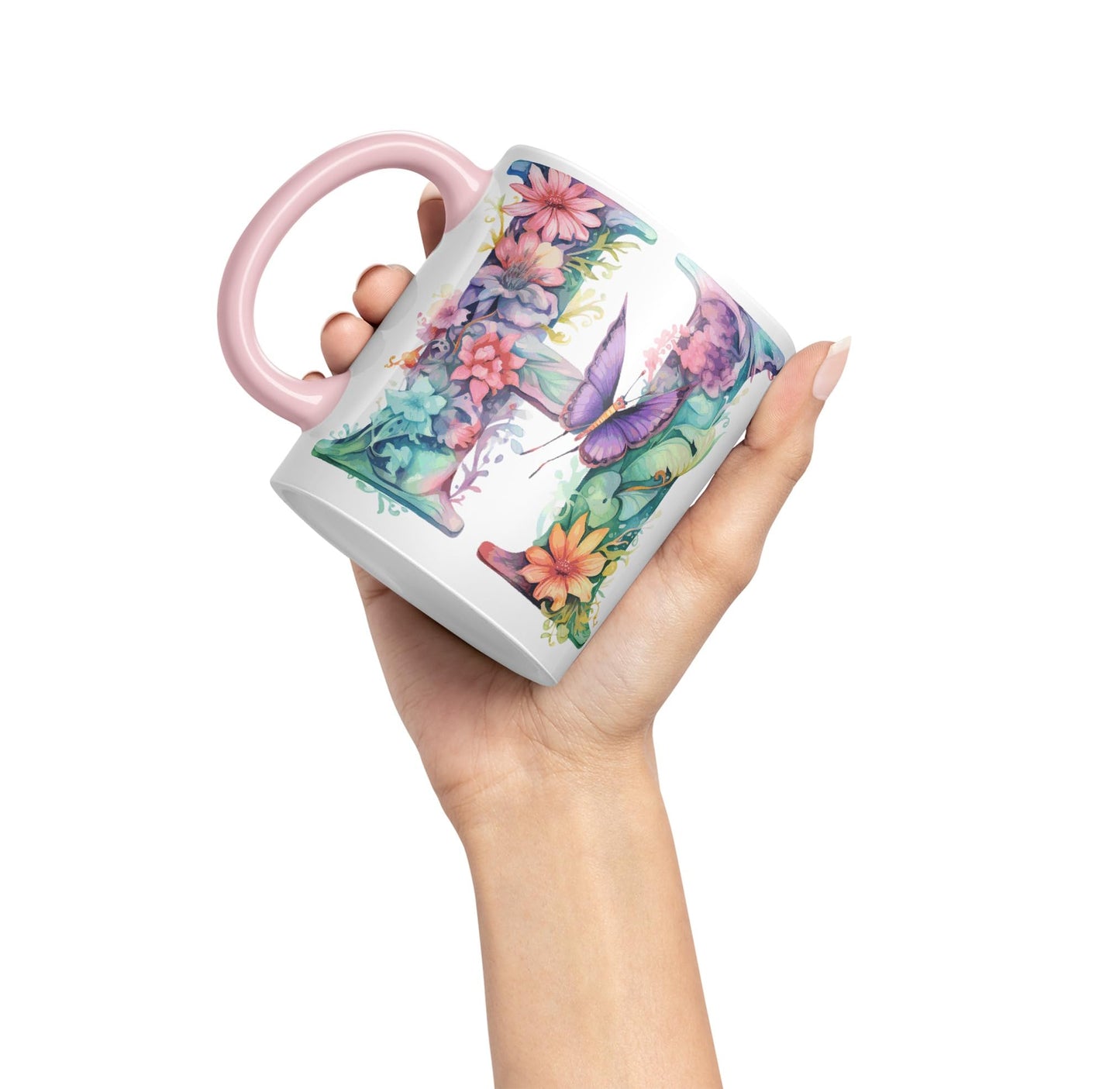 Letter H mug, Floral flowers butterfly Alphabet Letter H Monogram watercolour Ceramic Coloured Mug Cup for Tea Coffee Hot brew 330ml 11Oz Gift