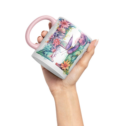 Letter H mug, Floral flowers butterfly Alphabet Letter H Monogram watercolour Ceramic Coloured Mug Cup for Tea Coffee Hot brew 330ml 11Oz Gift