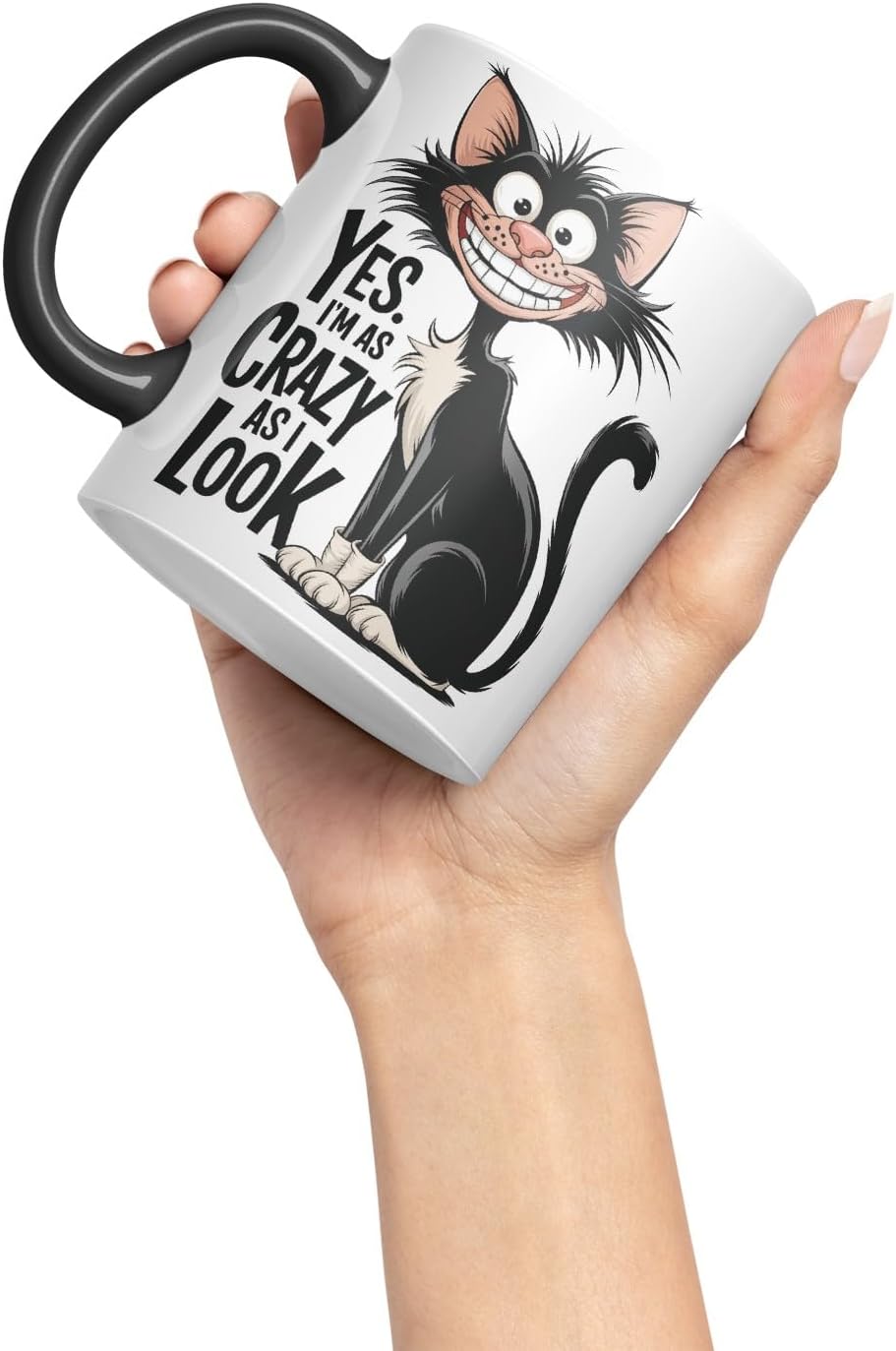 Vixar Yes I’m as Crazy as I Look (Cat) – Coloured Ceramic Mug Cup Gift, 11oz (Black)
