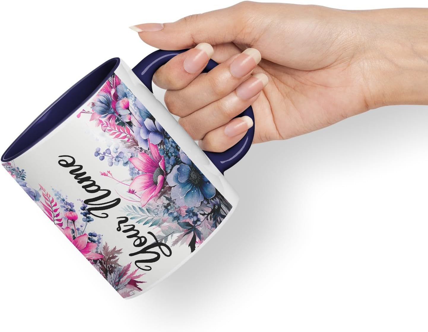 Vixar Personalised Purple Floral Mug – Custom Your Name Coloured Ceramic Mug Cup Gift, 11oz (Black)