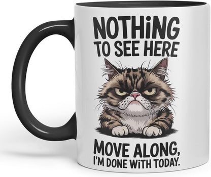 Vixar Nothing to See Here Move Along Cat Mug – Coloured Ceramic Mug Cup Gift, 11oz (Black)