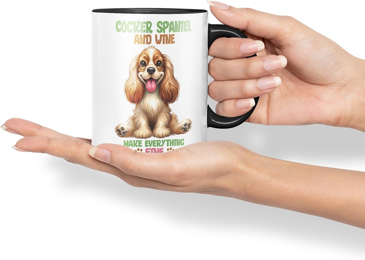 Vixar Cocker Spaniel and Wine Make Everything Fine Dog Mug – Coloured Ceramic Mug Cup Gift, 11oz (Black)