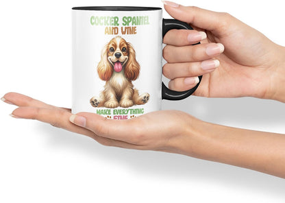 Vixar Cocker Spaniel and Wine Make Everything Fine Dog Mug – Coloured Ceramic Mug Cup Gift, 11oz (Black)