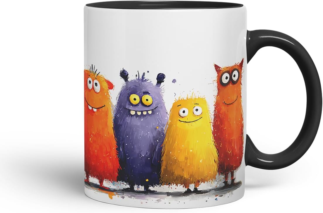 Vixar Funny Colourful Monsters Design – Coloured Ceramic Mug Cup Gift, 11oz (Black)