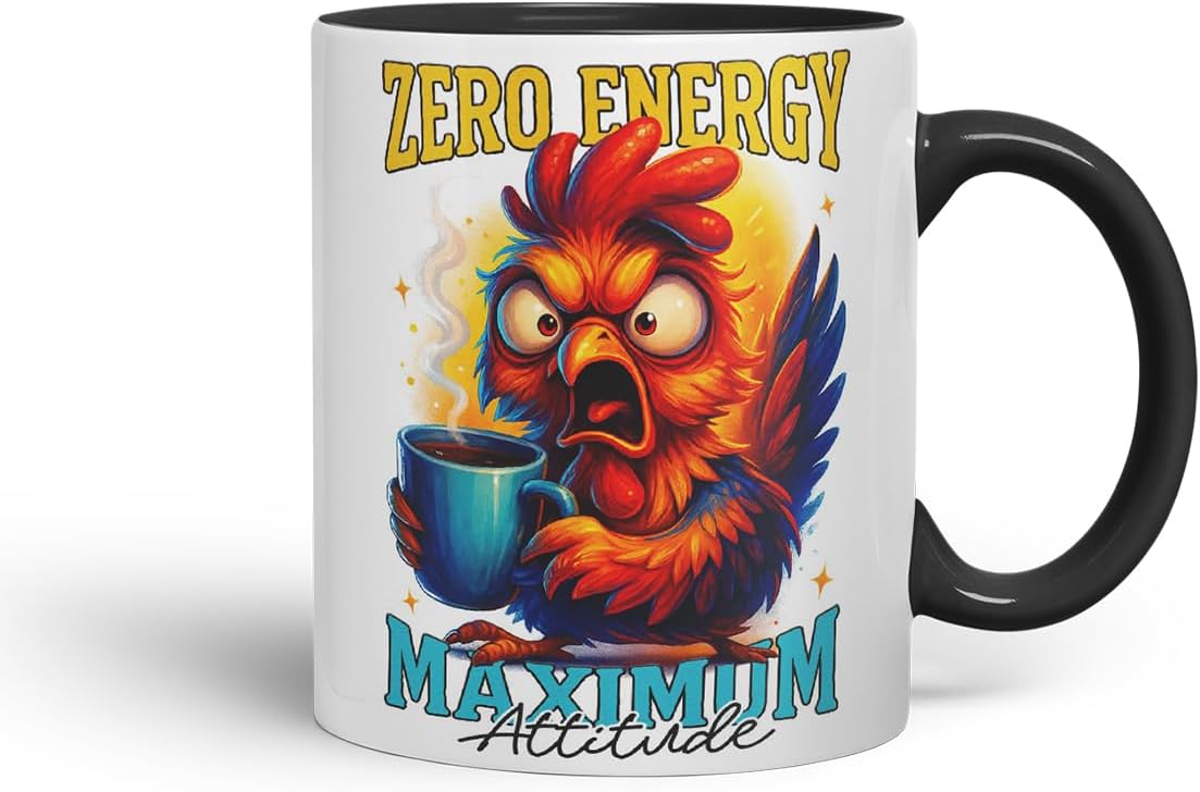 Vixar Zero Energy Maximum Attitude Funny Chicken Coffee Mug – Coloured Ceramic Mug Cup Gift, 11oz (Black)