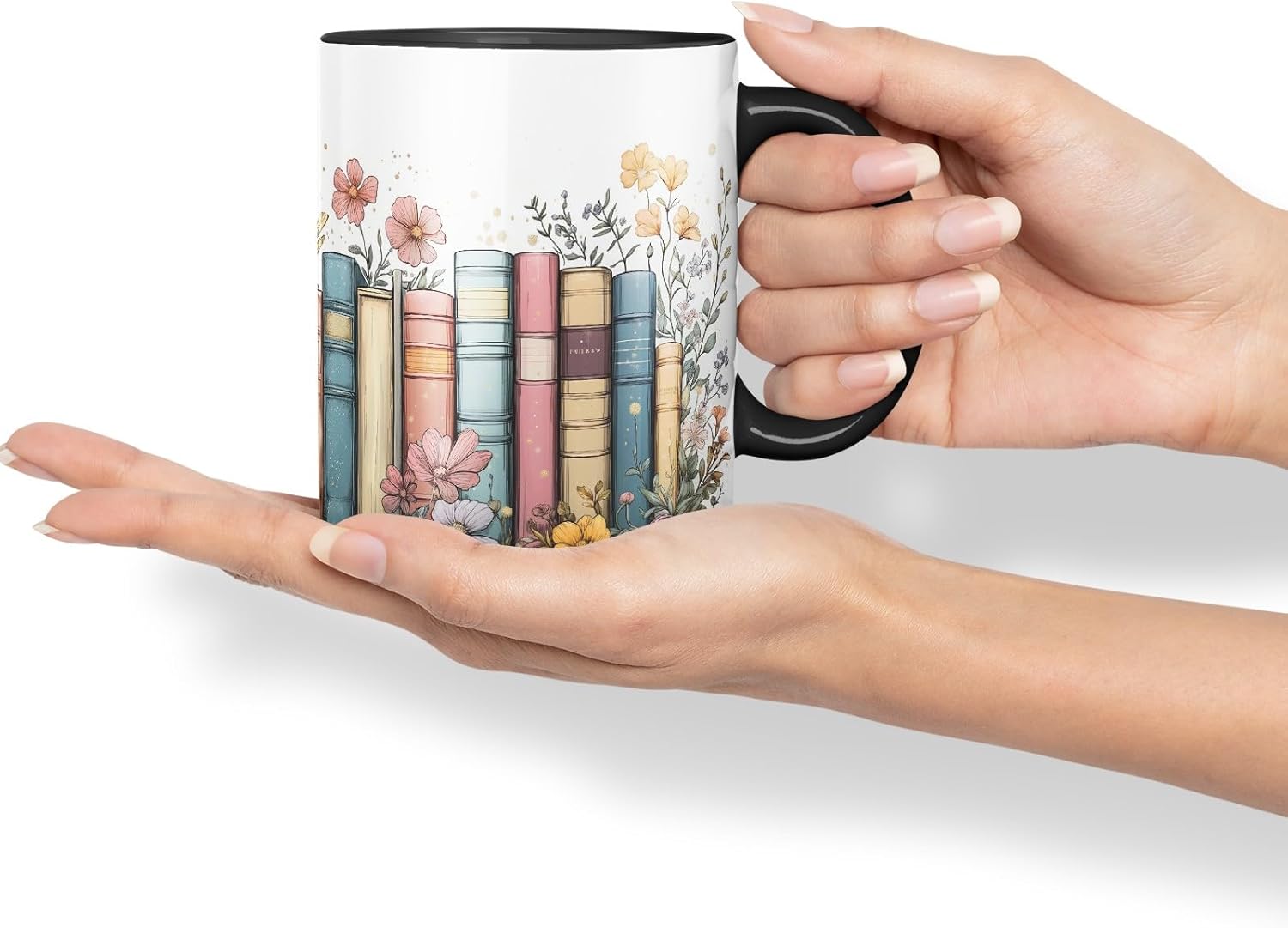 Vixar Floral Bookshelf Coloured Ceramic Mug Cup Gift, 11oz (Black)