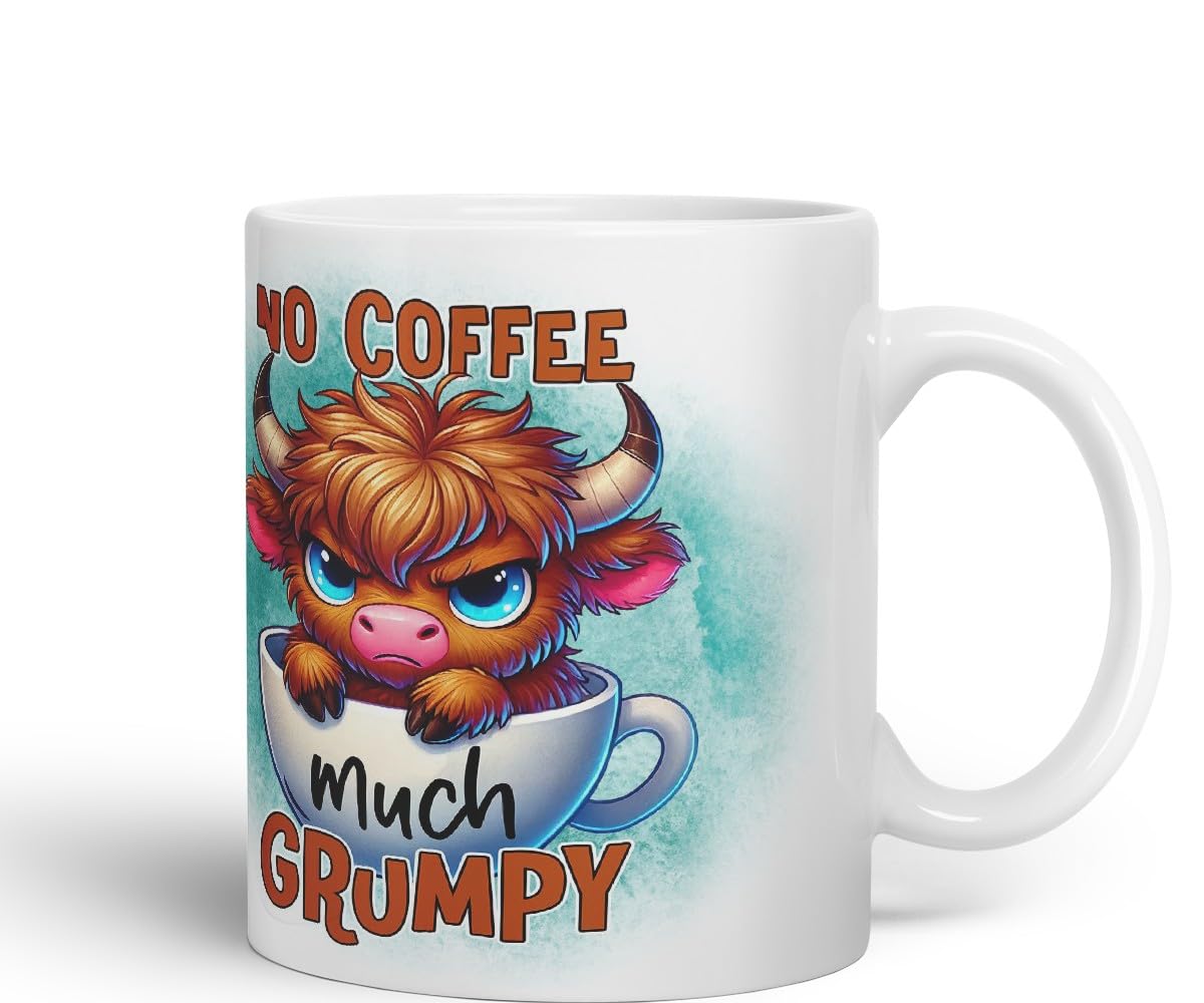 Vixar No Coffee Much Grumpy Highland Cow Coloured Ceramic Mug Cup Gift for Coffee Lovers 11oz (Black)