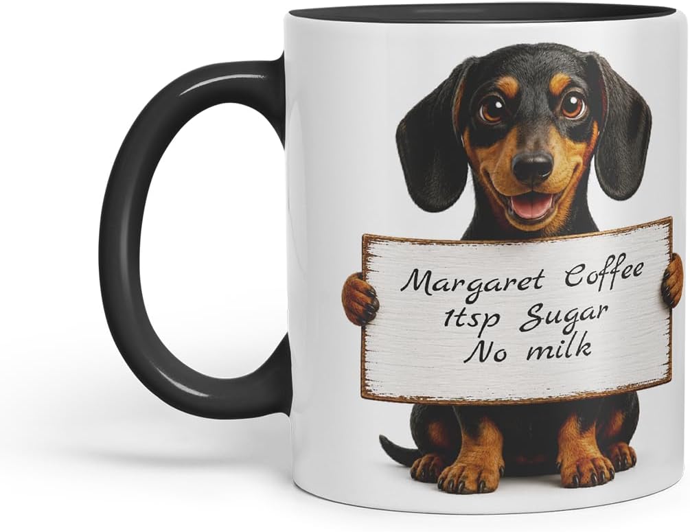 Vixar Personalised Dachshund Dog Pet Mug with Name or Custom Message – Cute Animal Coloured Ceramic Mug Cup Gift, 11oz (Black)
