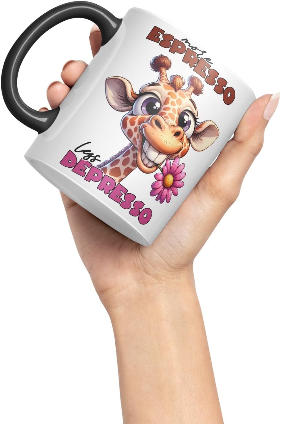 Vixar More Espresso, Less Depresso Sarcastic Giraffe Mug, Coloured Ceramic Cup 11oz (Black)