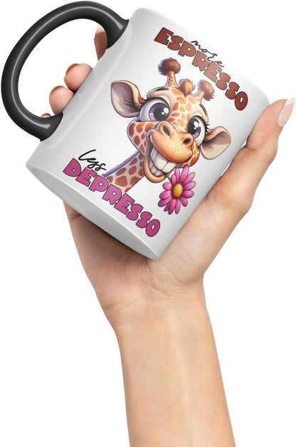 Vixar More Espresso, Less Depresso Sarcastic Giraffe Mug, Coloured Ceramic Cup 11oz (Black)