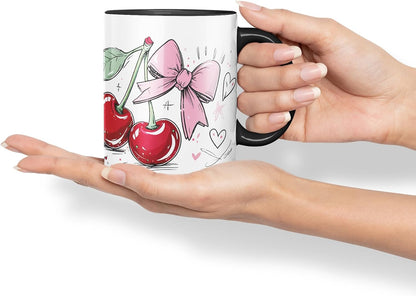 Vixar Cherry Pink Bow Mug – Coloured Ceramic Mug Cup Gift, 11oz (Black)