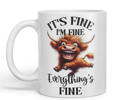 Vixar It's Fine I'm Fine Everything is ..., Highland Cow Scottish Joke Sarcastic Ceramic Coloured Mug Cup 330ml 11Oz FHC2(Black)