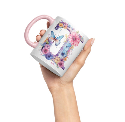 Letter J mug, Floral flowers butterfly Alphabet Letter J Monogram watercolour Ceramic Coloured Mug Cup for Tea Coffee Hot brew 330ml 11Oz Gift