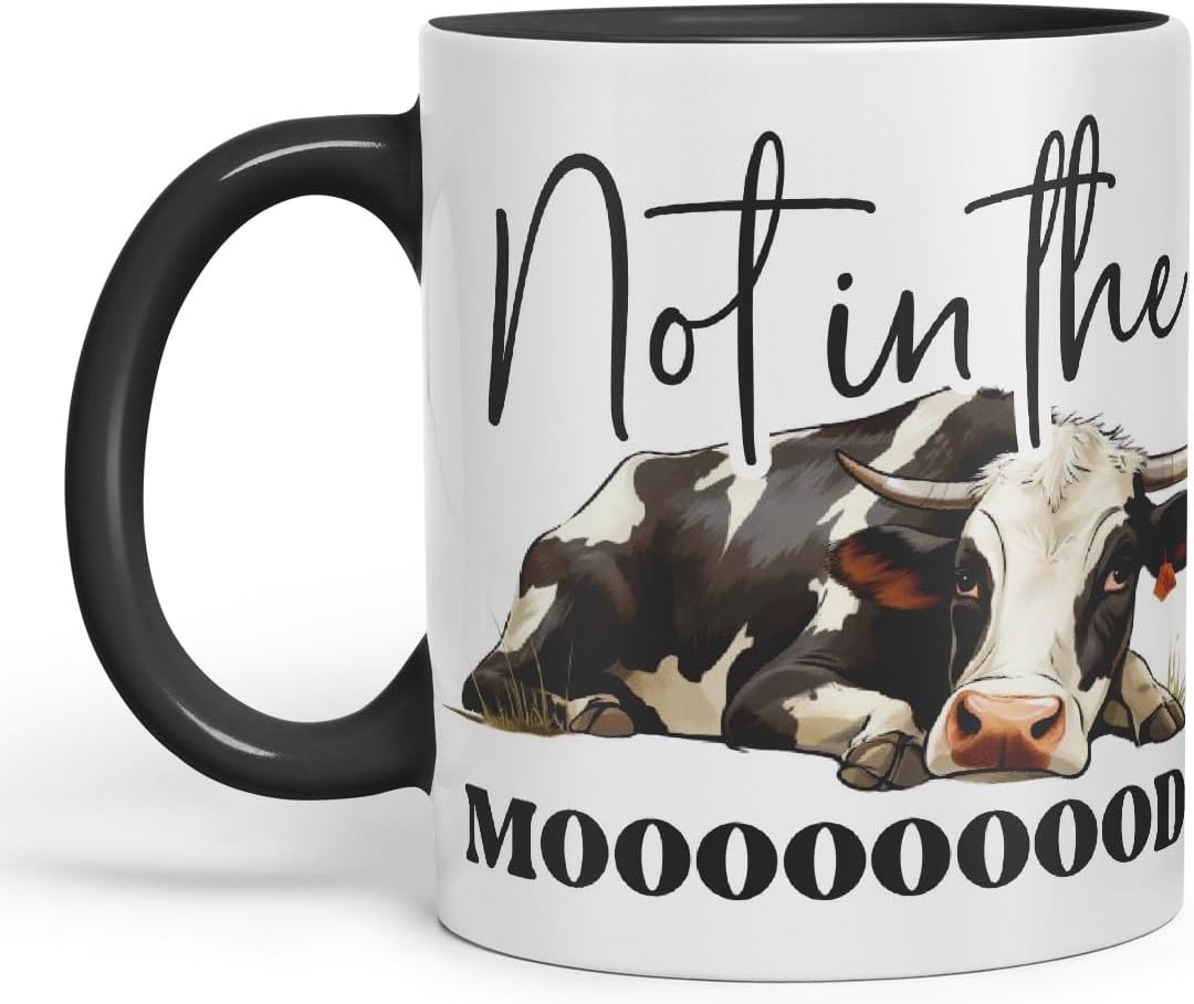 Vixar Not in The Mooood Cow Joke Coloured Ceramic Mug Cup Gift, 11oz (Black)