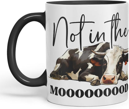 Vixar Not in The Mooood Cow Joke Coloured Ceramic Mug Cup Gift, 11oz (Black)
