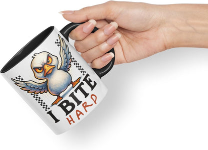 Vixar I Bite Hard Funny Seagull Mug – Coloured Ceramic Mug Cup Gift, 11oz (Black)