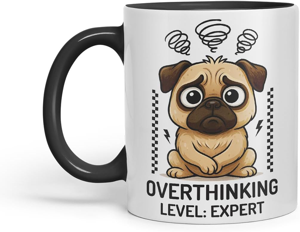 Vixar Overthinking Level Expert Pug Dog Mug – Coloured Ceramic Mug Cup Gift, 11oz (Black)