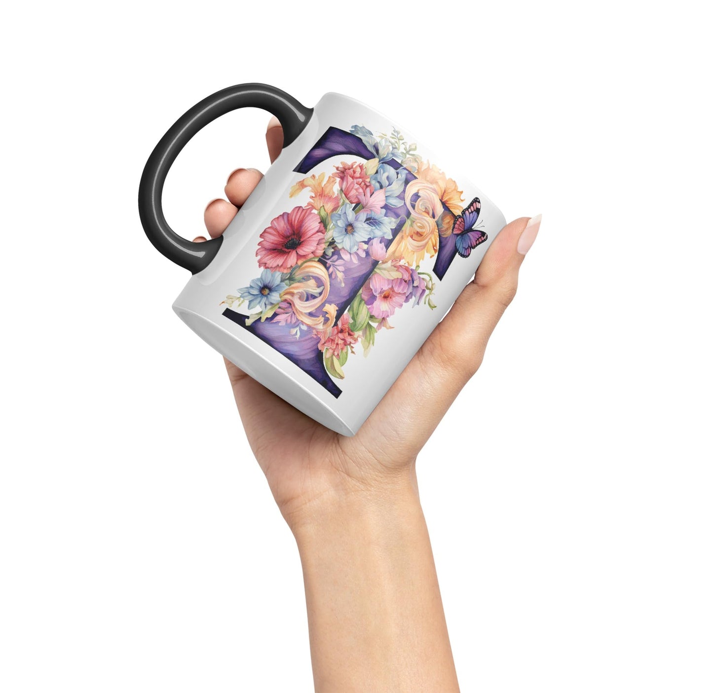 Letter T mug, Floral flowers butterfly Alphabet Letter T Monogram watercolour Ceramic Coloured Mug Cup for Tea Coffee Hot brew 330ml 11Oz Gift