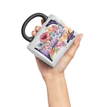 Letter T mug, Floral flowers butterfly Alphabet Letter T Monogram watercolour Ceramic Coloured Mug Cup for Tea Coffee Hot brew 330ml 11Oz Gift