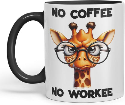 Vixar No Coffee No Workee Sarcastic Giraffe Mug, Coloured Ceramic Cup 11oz (Black)