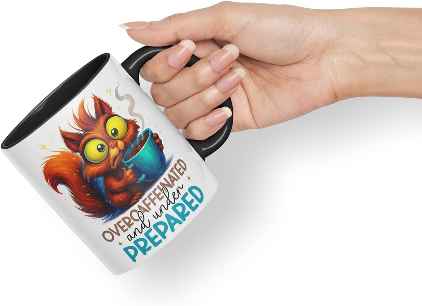 Vixar Overcaffeinated and Underprepared Funny Squirrel Mug – Coloured Ceramic Mug Cup Gift, 11oz (Black)