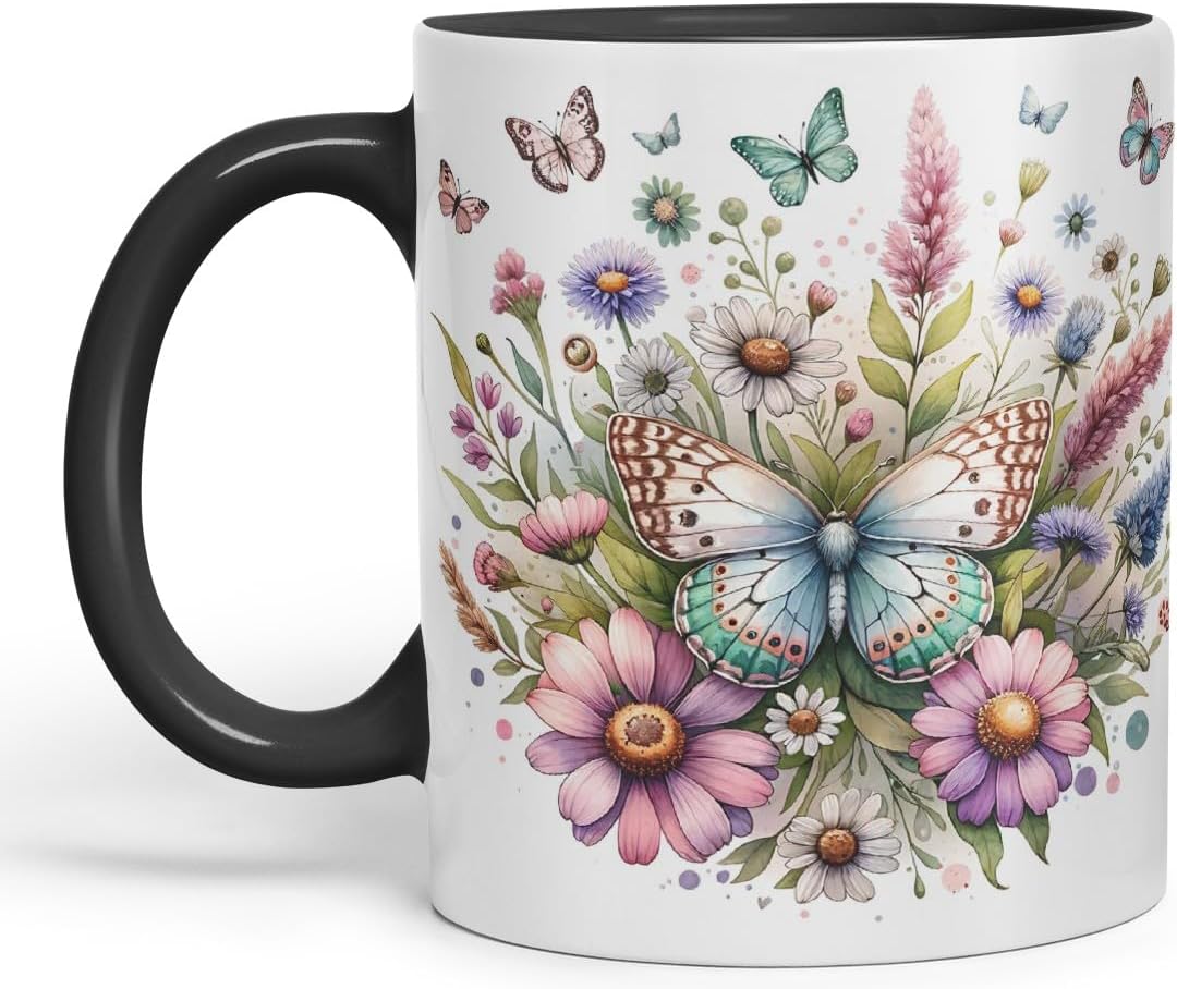 Vixar Butterflies and Wildflowers Coloured Mug Cup Floral Garden Nature Gift 11oz (Black)