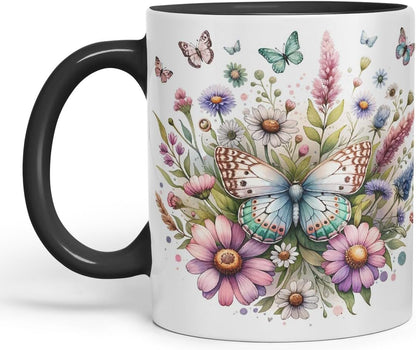Vixar Butterflies and Wildflowers Coloured Mug Cup Floral Garden Nature Gift 11oz (Black)