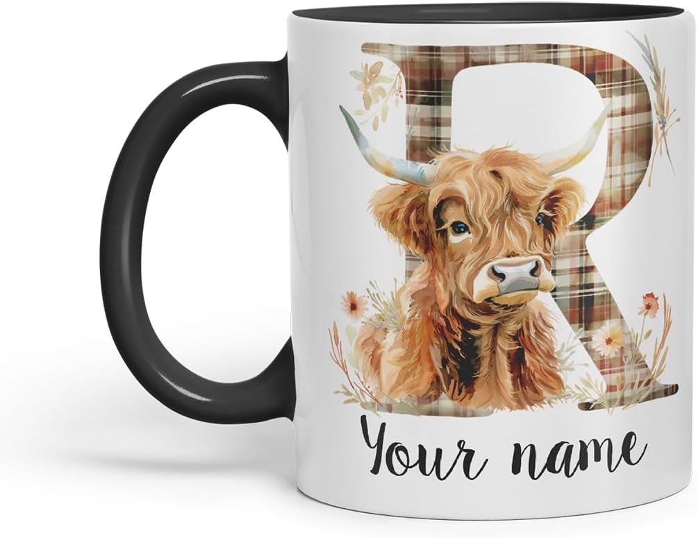 Vixar Personalised Highland Cow Initial Letter R Custom Name Mug – Coloured Ceramic Mug Cup Gift, 11oz (Black)