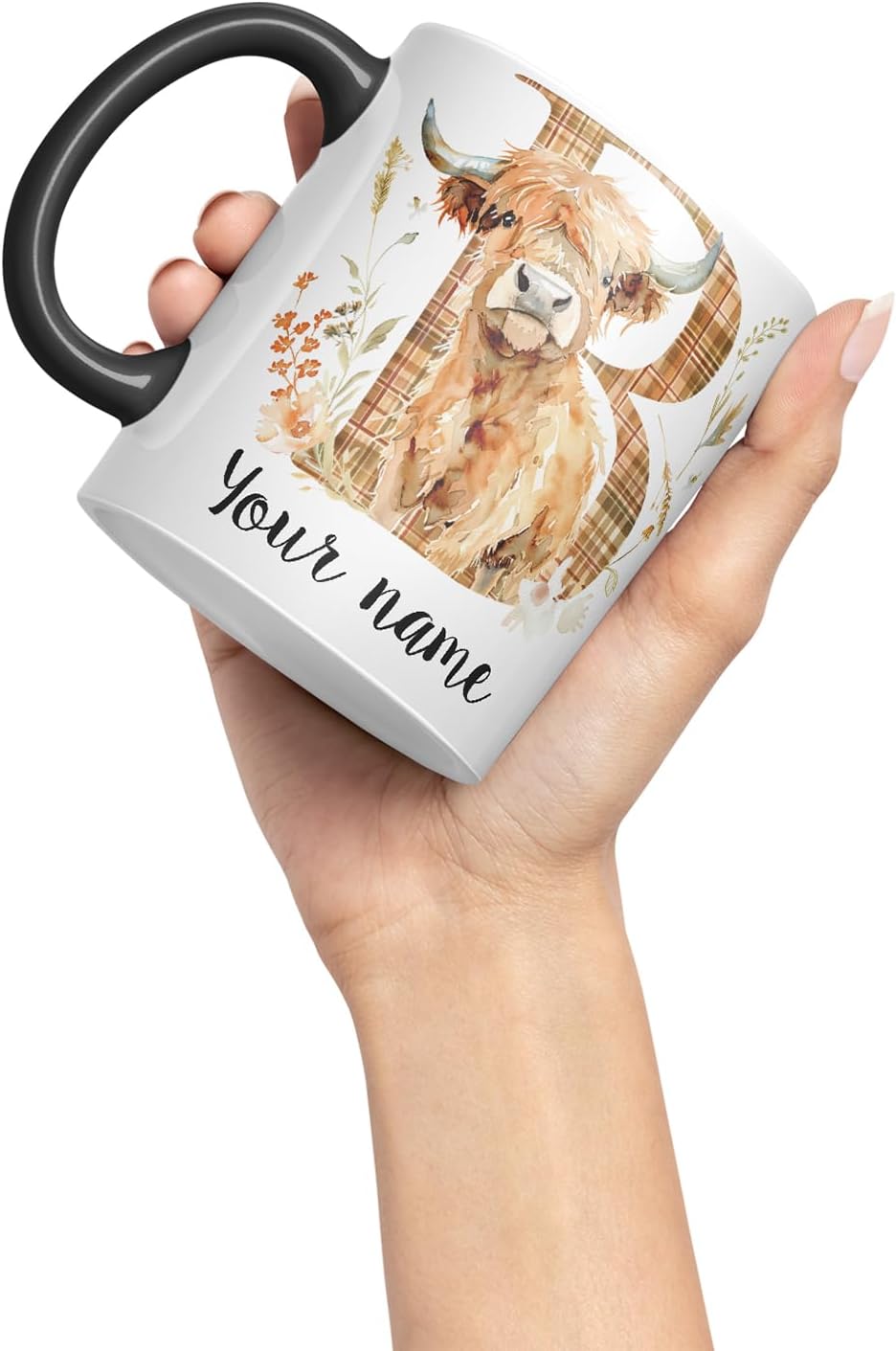 Vixar Personalised Highland Cow Initial Letter B Custom Name Mug – Coloured Ceramic Mug Cup Gift, 11oz (Black)