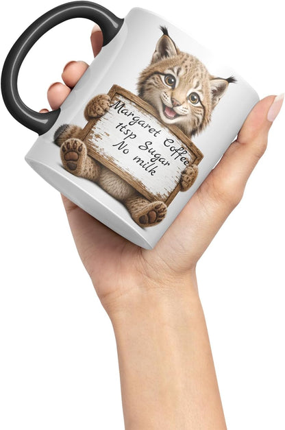 Vixar Personalised Lynx Mug with Name or Custom Message – Cute Animal Coloured Ceramic Mug Cup Gift, 11oz (Black)