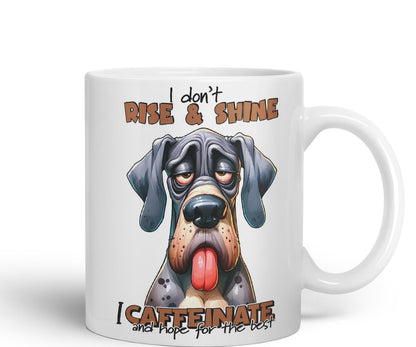 Vixar I Don’t Rise & Shine — I Caffeinate and Hope for The Best Sarcastic Great Dane Dog Mug, Coloured Ceramic Cup 11oz (Black)