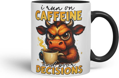 Vixar I Run On Caffeine and Poor Decisions Funny Cow Mug – Coloured Ceramic Mug Cup Gift, 11oz (Black)
