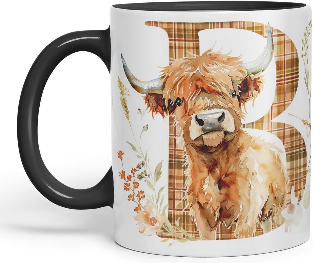 Vixar Highland Cow Alphabet Monogram Coloured Ceramic Cup Mug – Letter B – Rustic Farmhouse Animal Letter Gift – 11oz (Black)