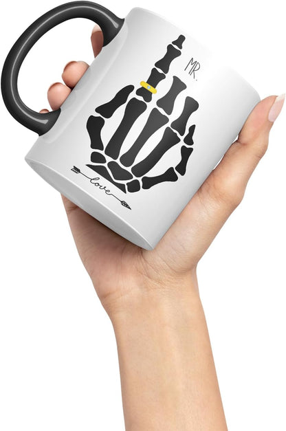 Vixar Mr Skeleton Hand Wedding Ring Couple Mug – Coloured Ceramic Mug Cup Gift, 11oz (Black)
