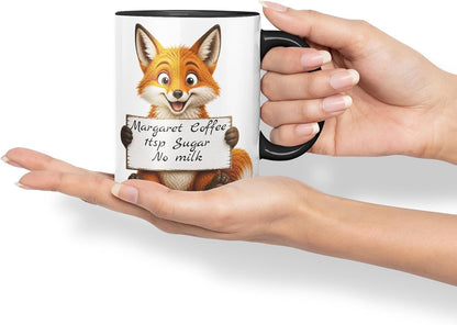 Vixar Personalised Fox Mug with Name or Custom Message – Cute Animal Coloured Ceramic Mug Cup Gift, 11oz (Black)
