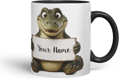Vixar Personalised Crocodile Mug with Name or Custom Message – Cute Animal Coloured Ceramic Mug Cup Gift, 11oz (Black)