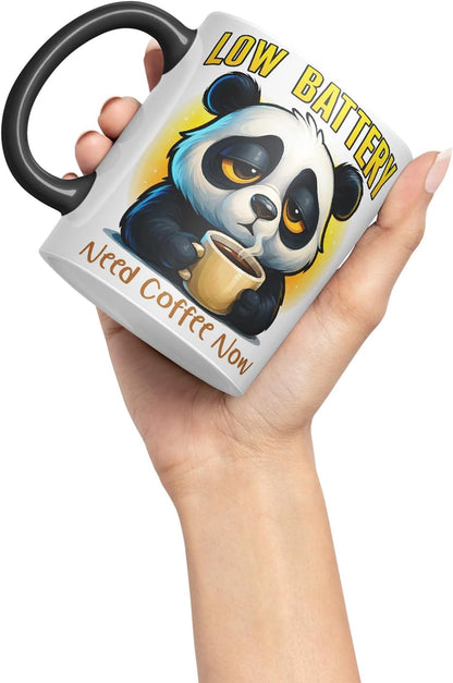 Vixar Low Battery Need Coffee Now Funny Panda Mug – Coloured Ceramic Mug Cup Gift, 11oz (Black)