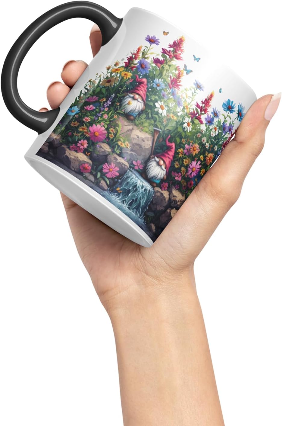 Vixar Garden Gnome Waterfall Mug – Coloured Ceramic Mug Cup Gift, 11oz (Black)