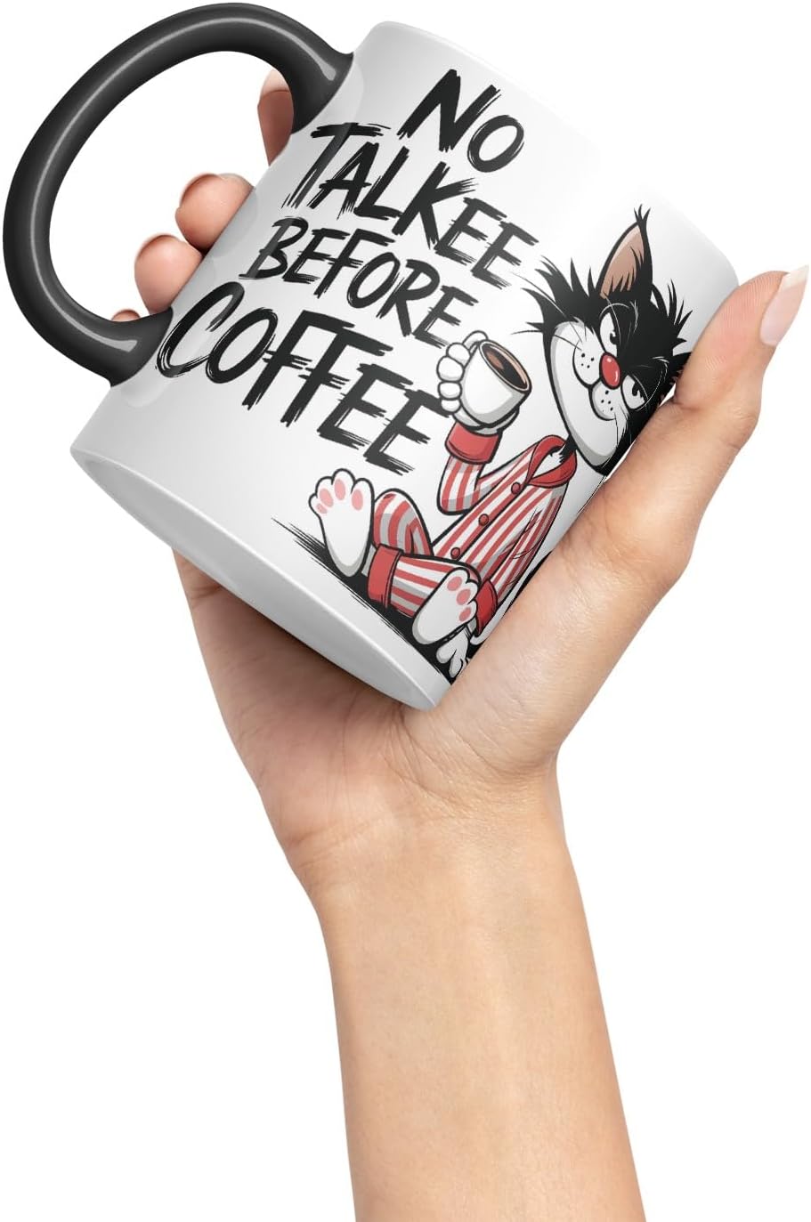 Vixar No Talkee Before Coffee Sarcastic cat Coloured Ceramic Mug Cup Gift, 11oz (Black)