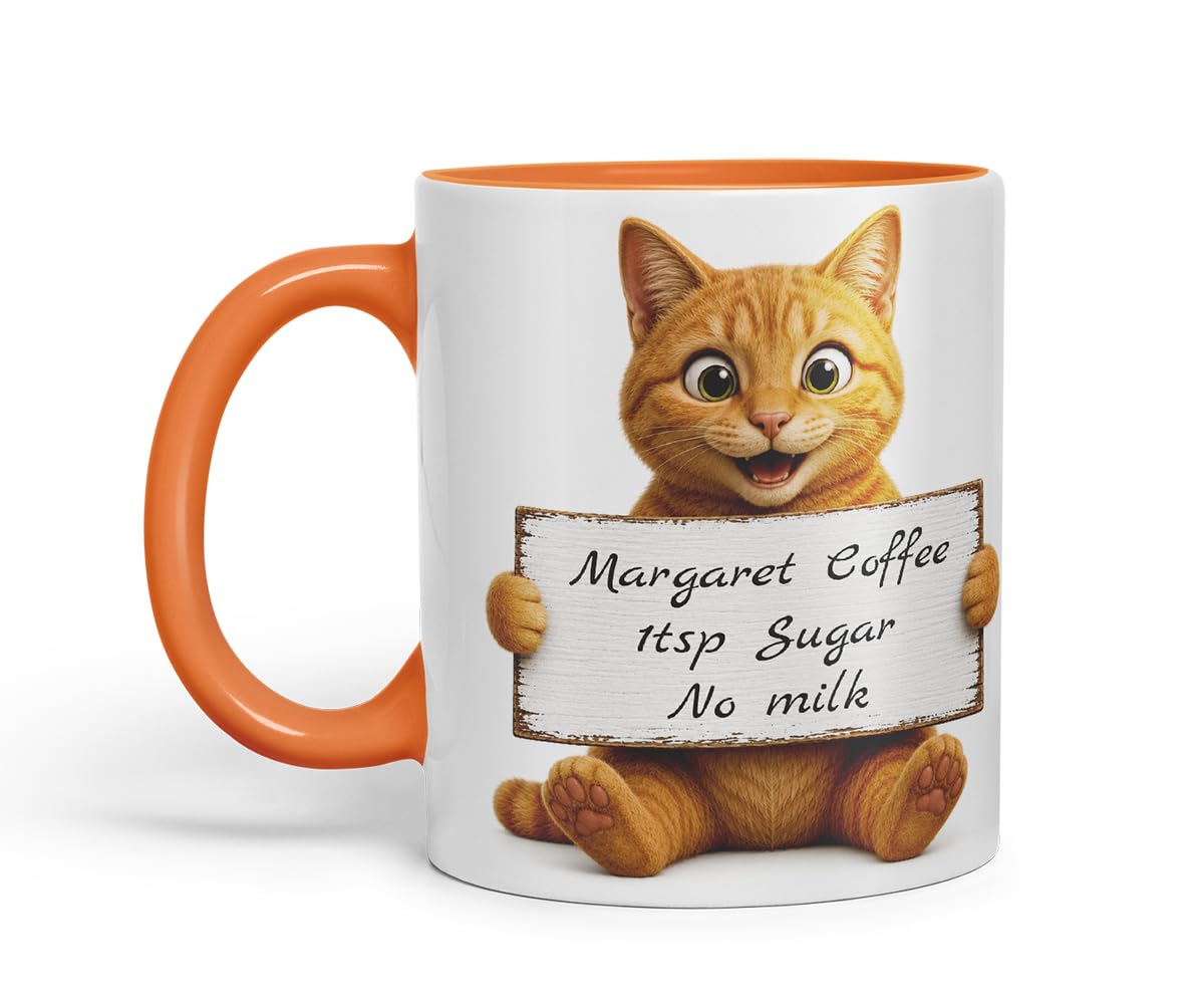 Vixar Personalised Ginger Cat Mug with Name or Custom Message – Cute Animal Coloured Ceramic Mug Cup Gift, 11oz (Black)