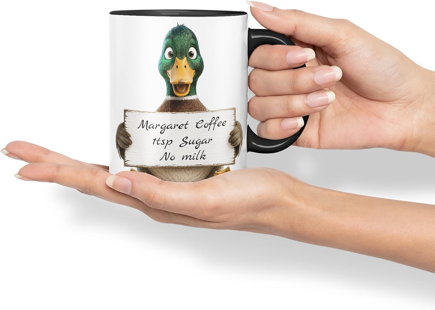 Vixar Personalised Duck Mug with Name or Custom Message – Cute Animal Coloured Ceramic Mug Cup Gift, 11oz (Black)