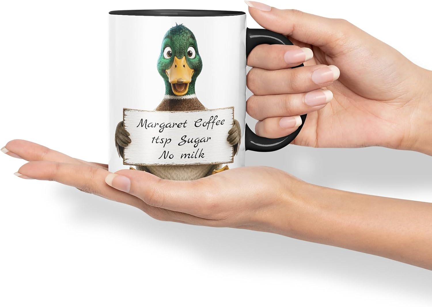 Vixar Personalised Duck Mug with Name or Custom Message – Cute Animal Coloured Ceramic Mug Cup Gift, 11oz (Black)