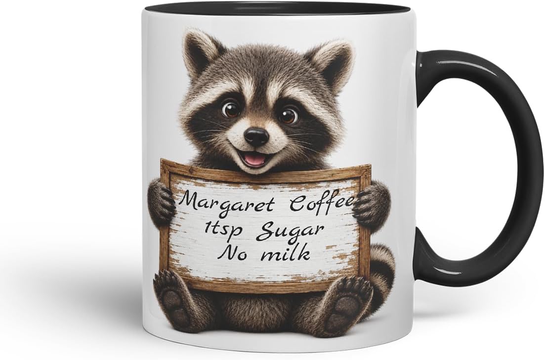 Vixar Personalised Raccoon Mug with Name or Custom Message – Cute Animal Coloured Ceramic Mug Cup Gift, 11oz (Black)