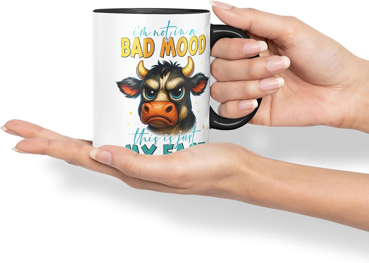 Vixar I'm Not in A Bad Mood This is Just My Face Sarcastic Cow – Coloured Ceramic Mug Cup Gift, 11oz (Black)