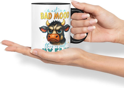 Vixar I'm Not in A Bad Mood This is Just My Face Sarcastic Cow – Coloured Ceramic Mug Cup Gift, 11oz (Black)