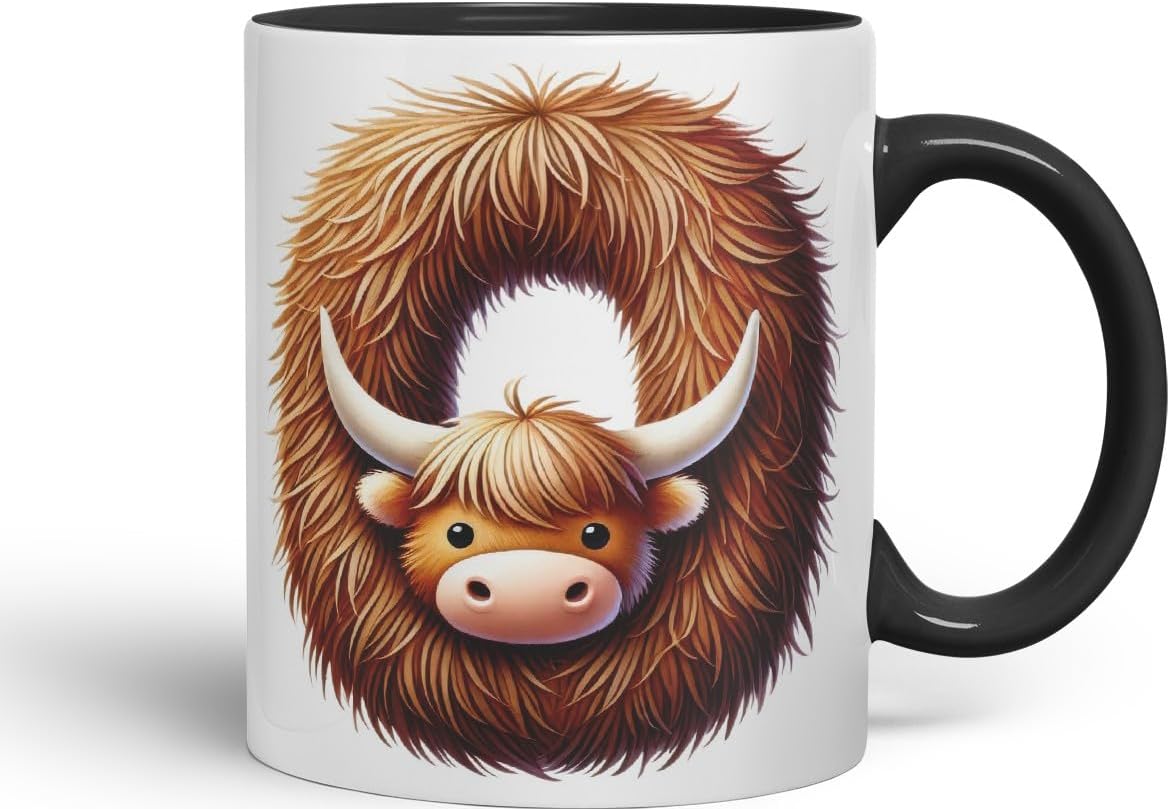 Highland Cow Alphabet Monogram Coloured Ceramic Cup Mug Letter O Rustic Farmhouse Animal Letter Gift V2 11oz (Black)